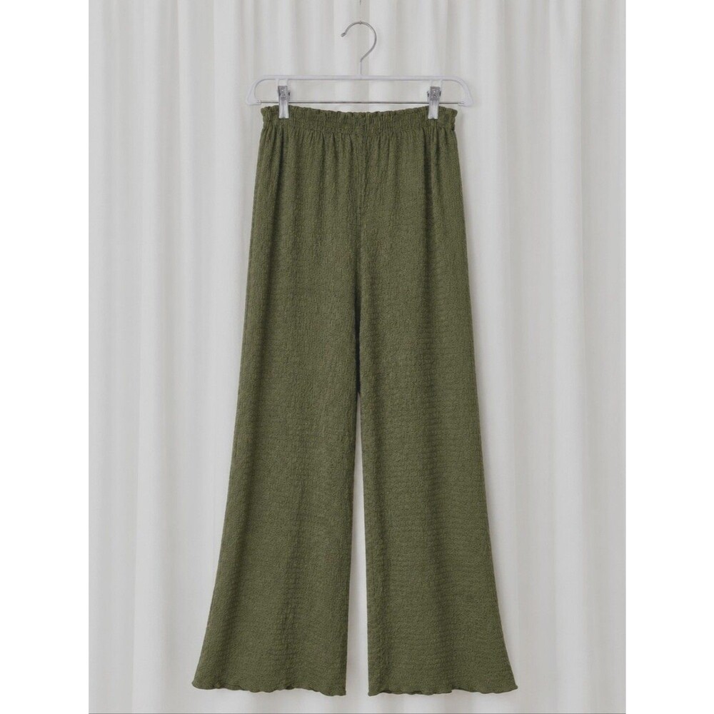 Mango MNG Olive Green Textured Pull On Soft Crinkle Stretch Chic Wide Leg Pants